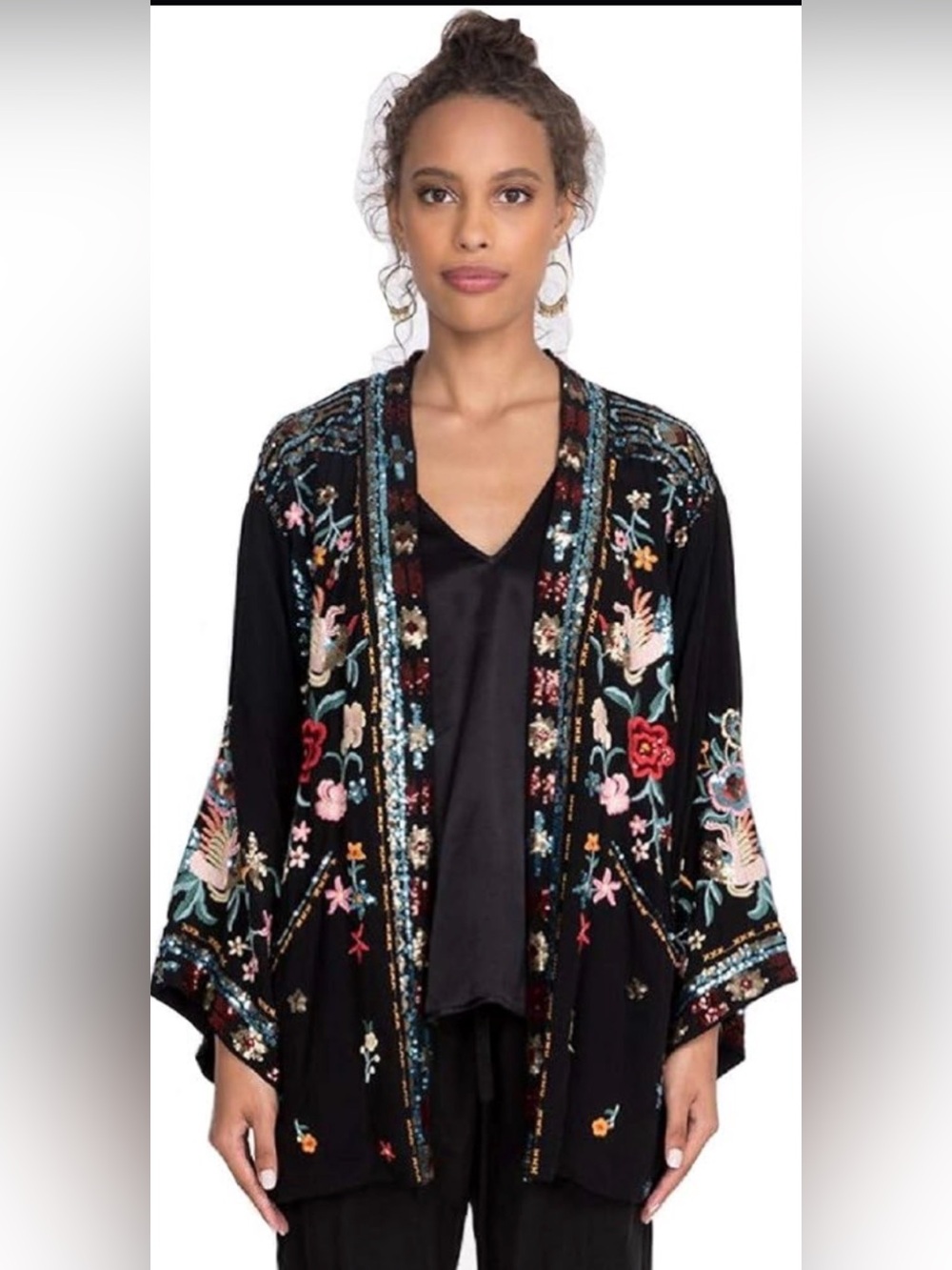 Johnny Was Sequin Embroidered Black Floral Kimono Jacket